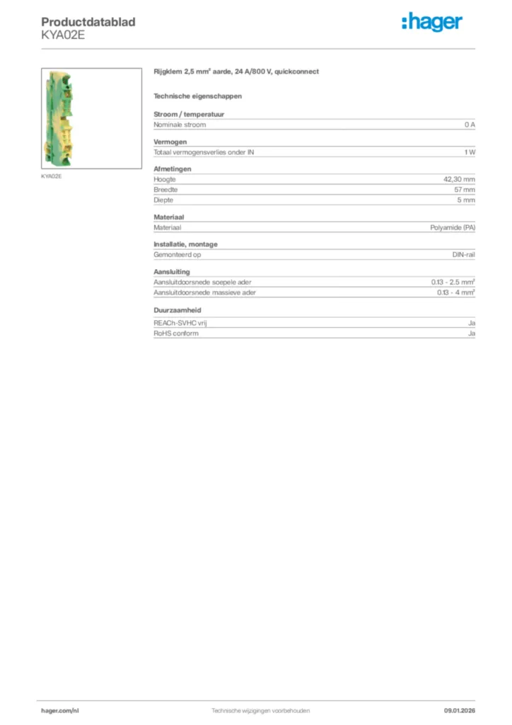 Afbeelding Hager Productdatablad KYA02E | Hager Nederland