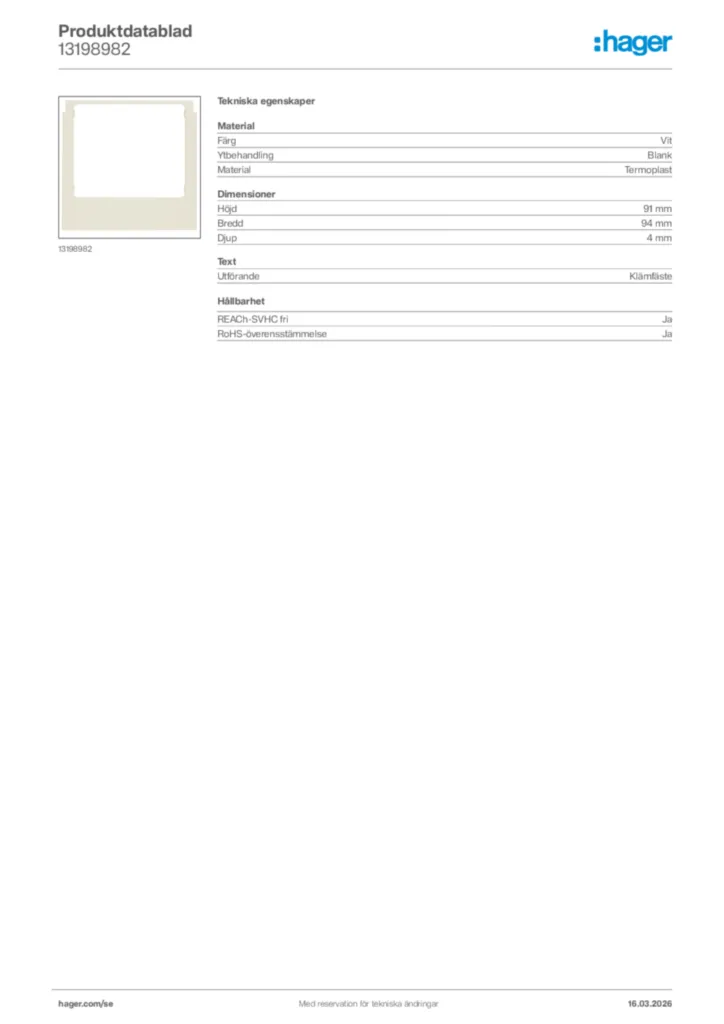 Bild Hager Produktdatablad 13198982 | Hager Sverige