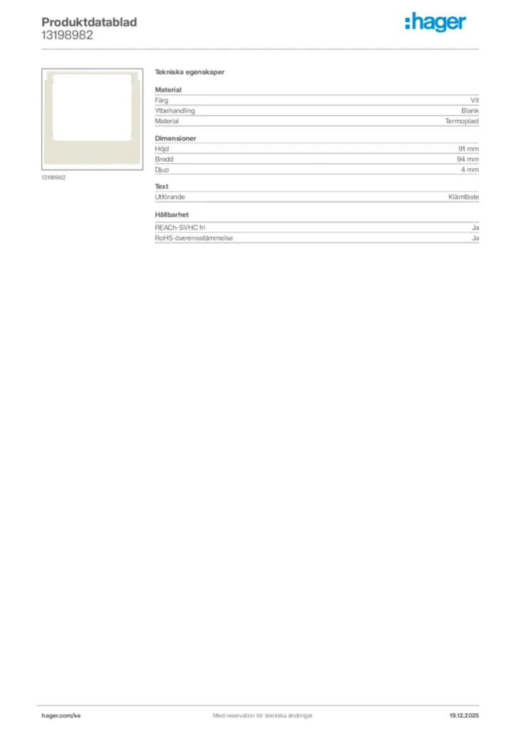 Bild Hager Produktdatablad 13198982 | Hager Sverige