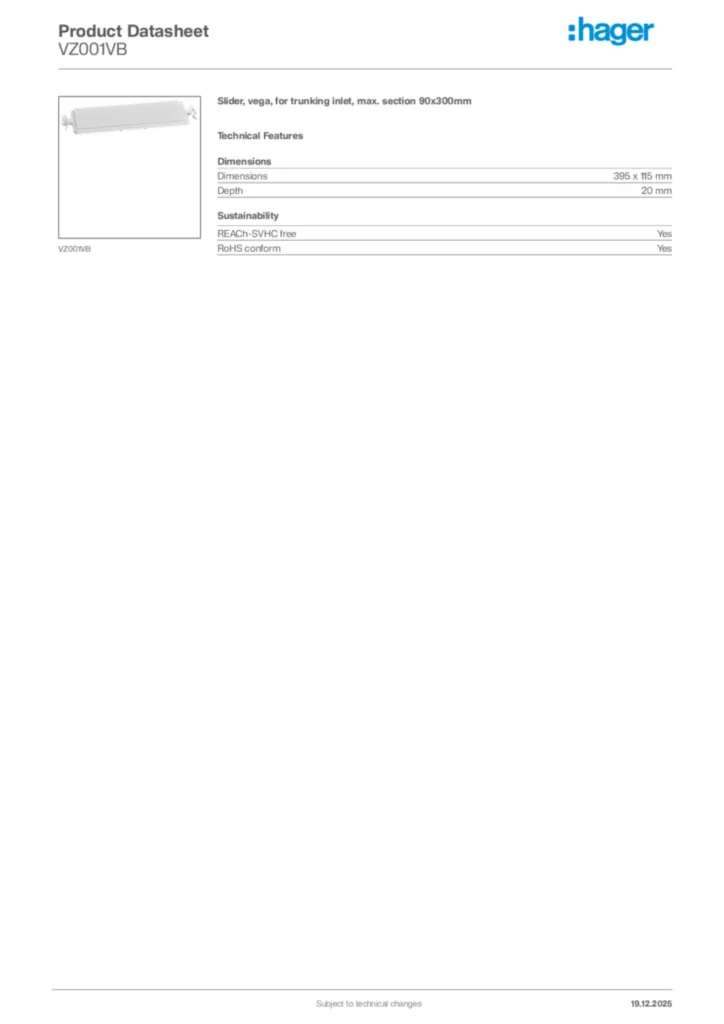 Image Hager Product data sheet VZ001VB  | Hager Africa