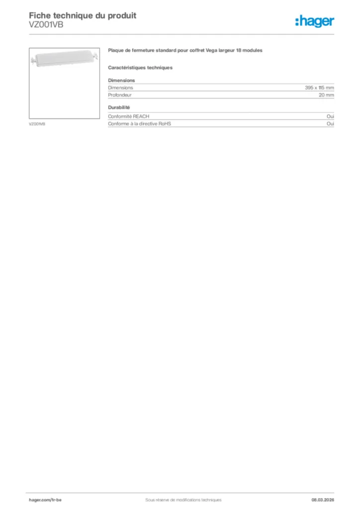 Image Hager Fiche technique du produit VZ001VB | Hager Belgique