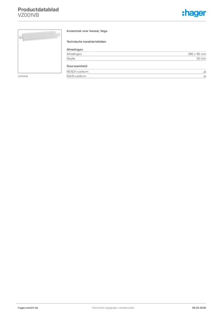 Afbeelding Hager Productdatablad VZ001VB | Hager Belgium