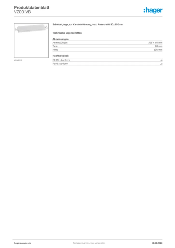 Bild Hager Produktdatenblatt VZ001VB | Hager Schweiz
