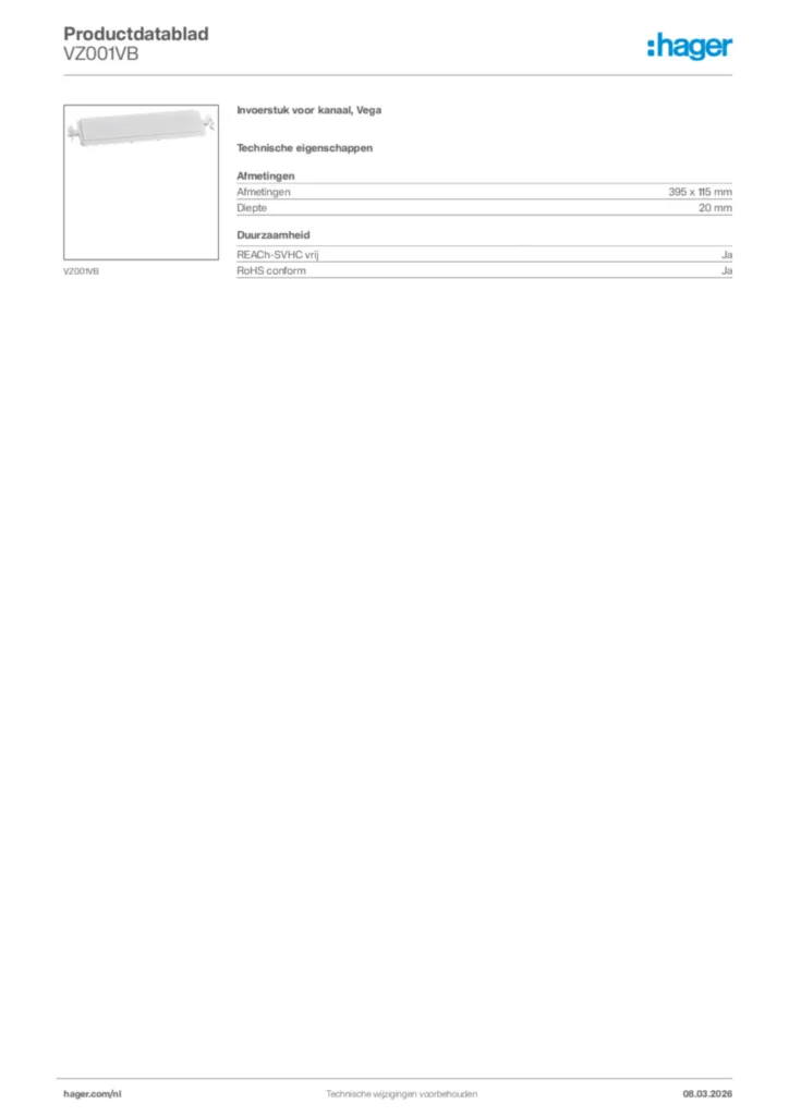 Afbeelding Hager Productdatablad VZ001VB | Hager Nederland