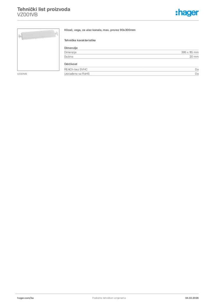 Slika Hager Tehnički list proizvoda VZ001VB  | Hager