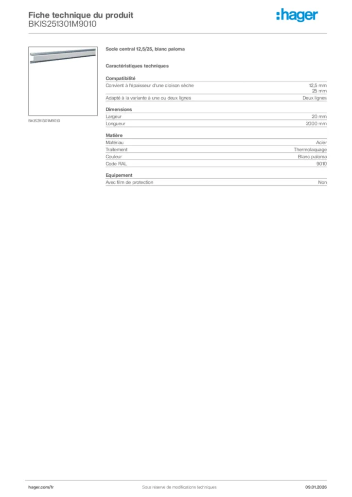 Image Hager Fiche technique du produit BKIS251301M9010 | Hager France