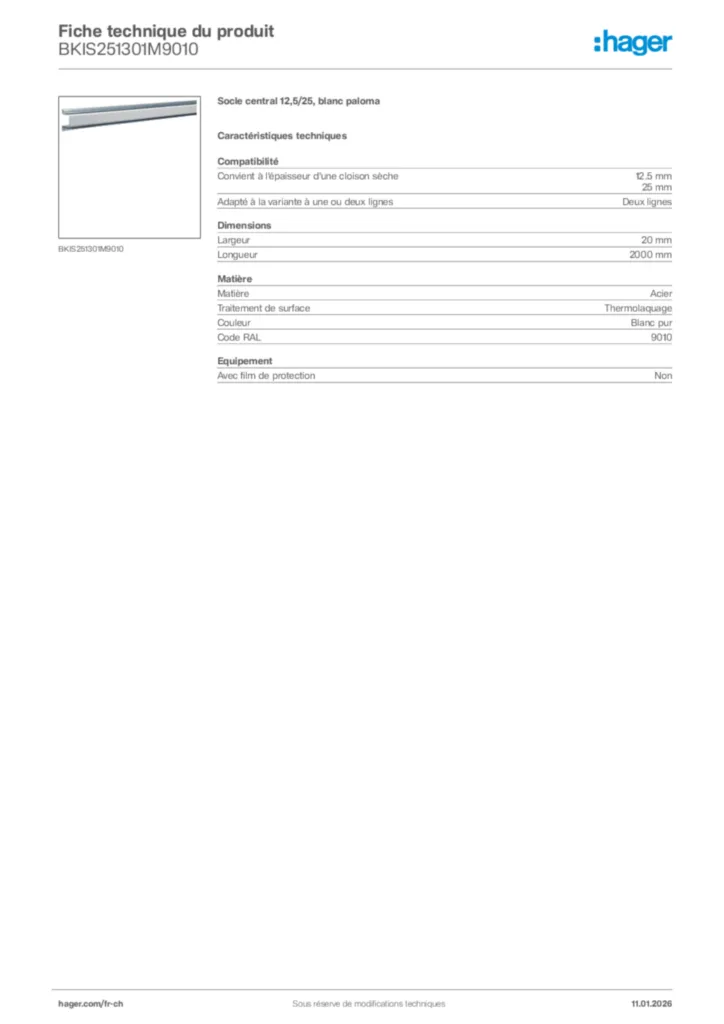 Image Hager Fiche technique du produit BKIS251301M9010 | Hager Suisse
