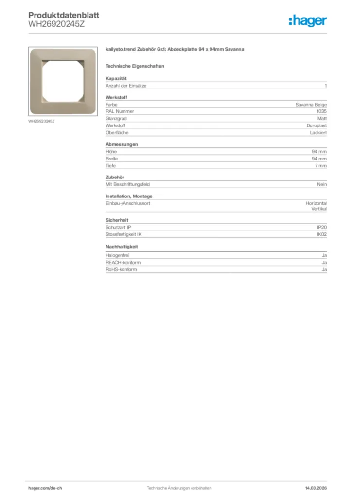 Bild Hager Produktdatenblatt WH26920245Z | Hager Schweiz