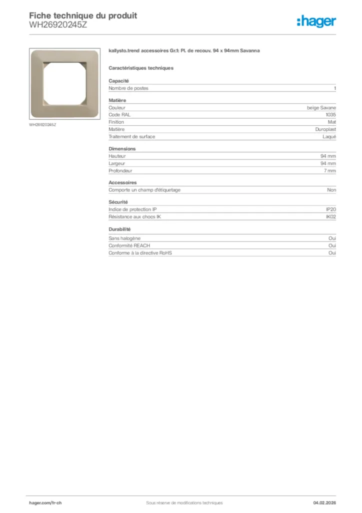 Image Hager Fiche technique du produit WH26920245Z | Hager Suisse