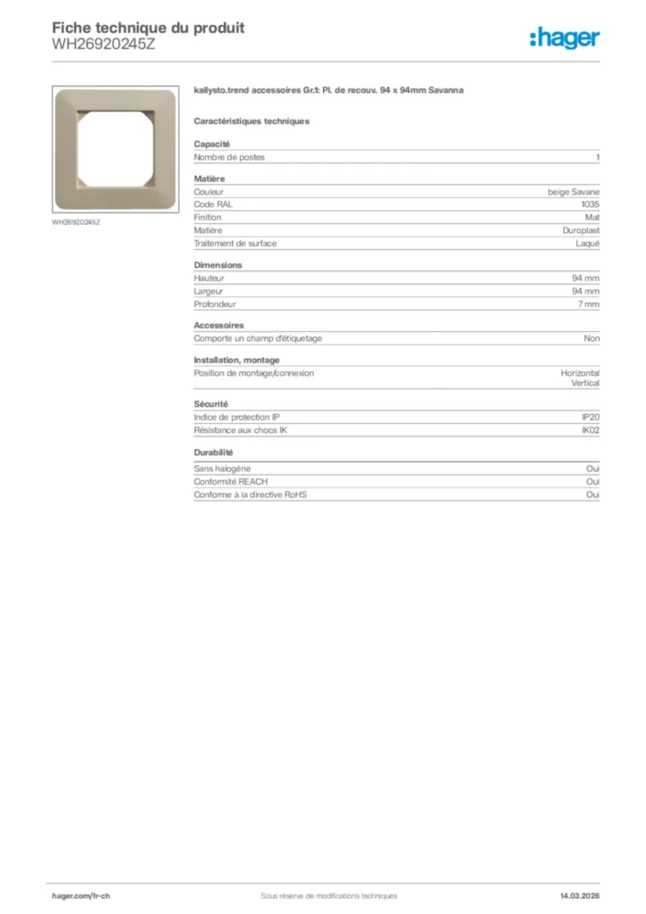 Image Hager Fiche technique du produit WH26920245Z | Hager Suisse