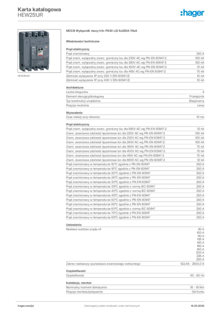 Zdjęcie Hager Karta katalogowa HEW251JR | Hager Polska