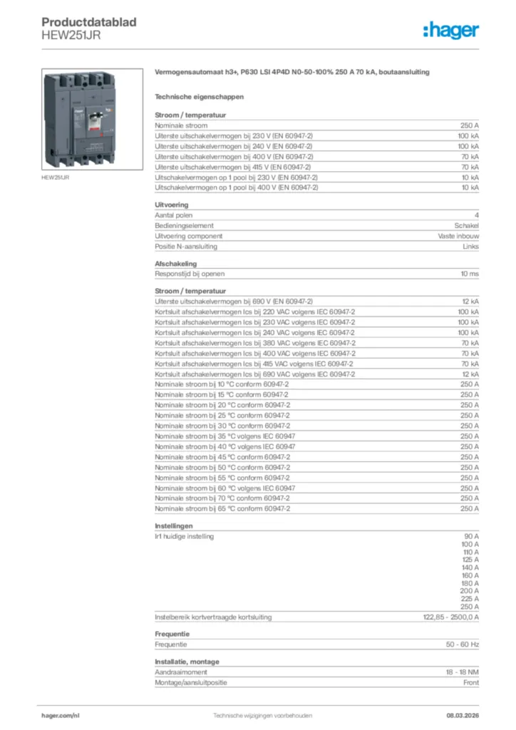 Afbeelding Hager Productdatablad HEW251JR | Hager Nederland