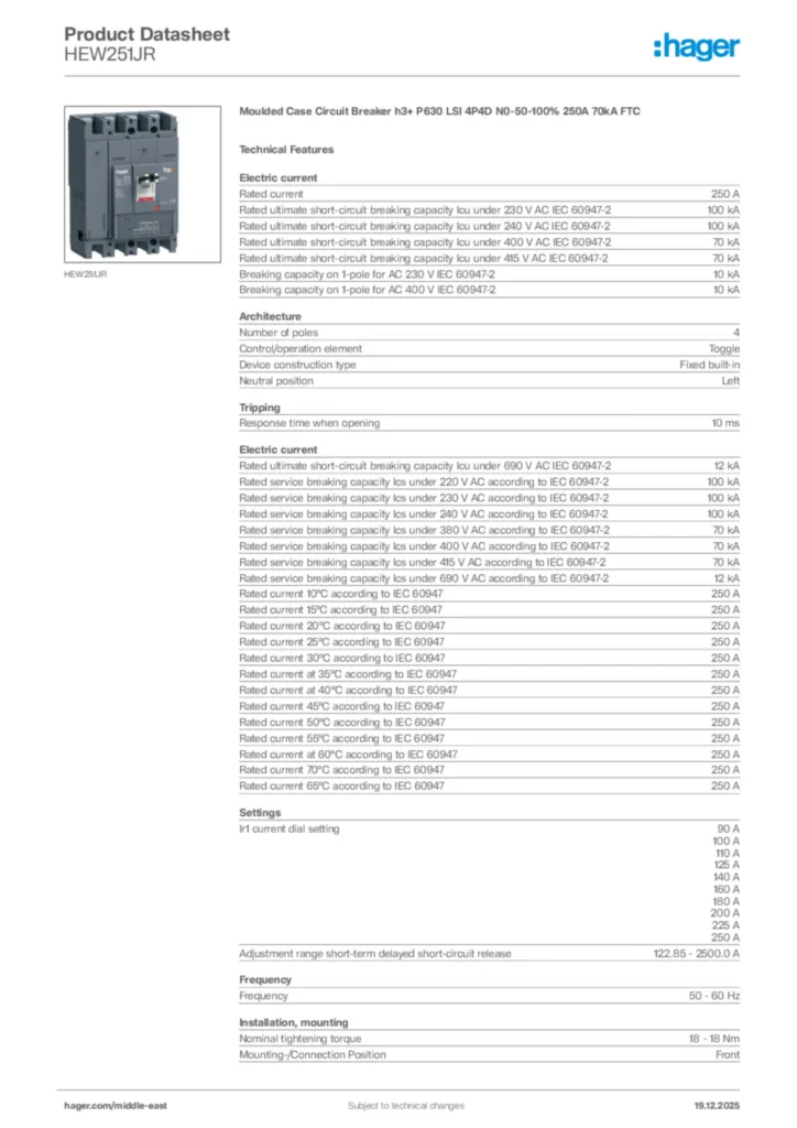 Image Hager Product data sheet HEW251JR  | Hager