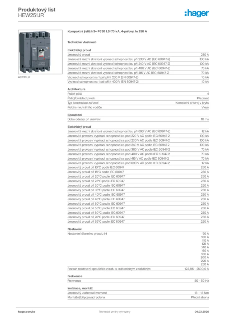 Obrázek Hager Product data sheet HEW251JR | Hager