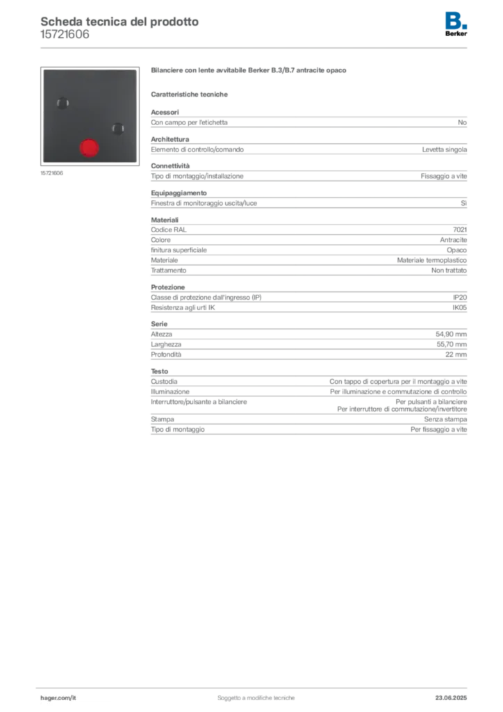 Immagine Berker Scheda tecnica del prodotto 15721606 | Hager Italia