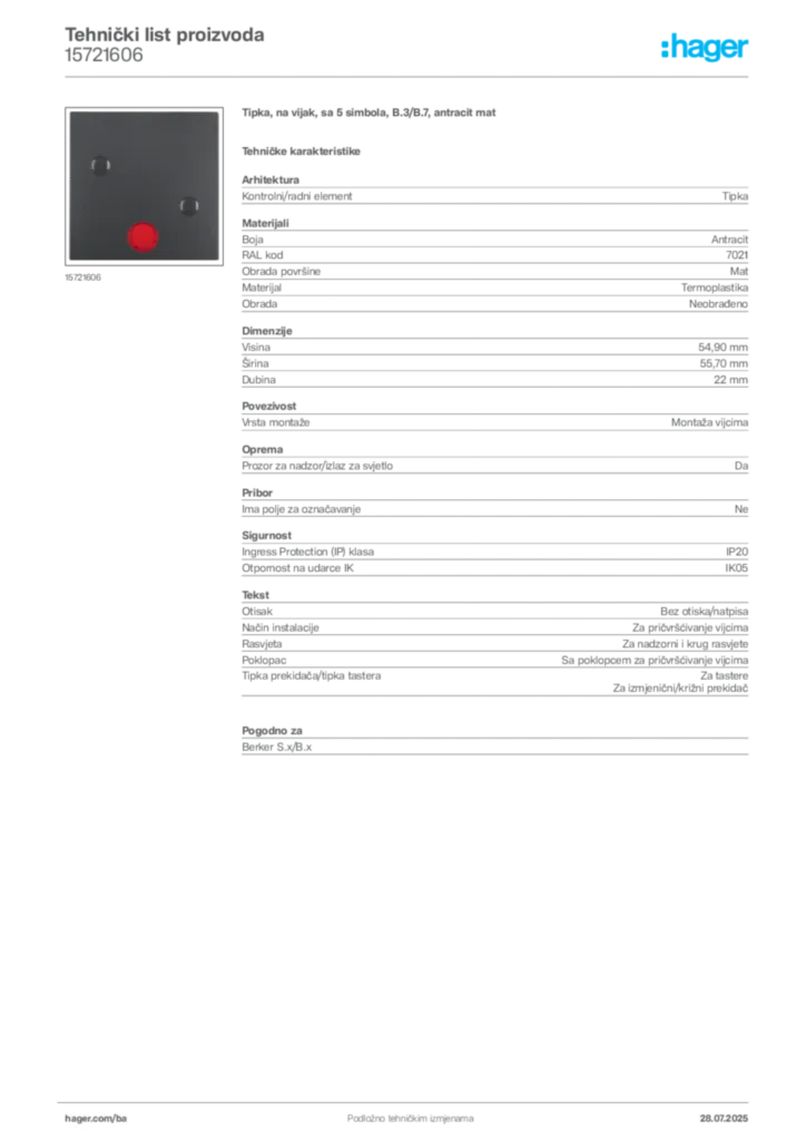 Slika Hager Product data sheet 15721606  | Hager