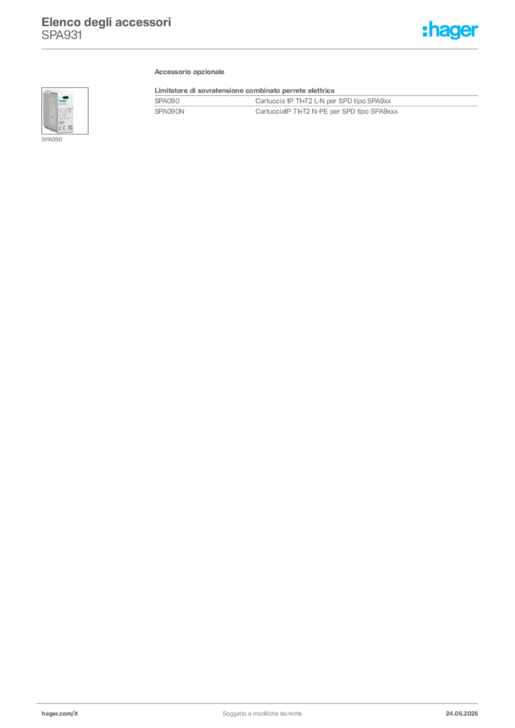 Immagine Hager Scheda tecnica del prodotto SPA931 | Hager Italia