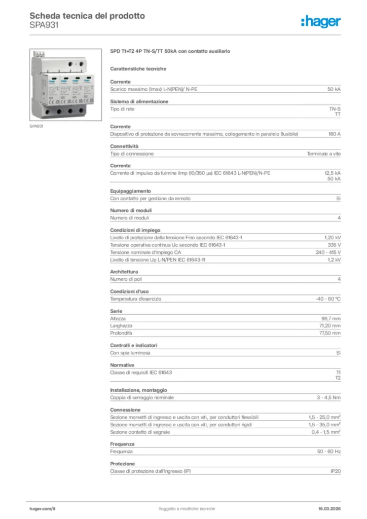 Immagine Hager Scheda tecnica del prodotto SPA931 | Hager Italia