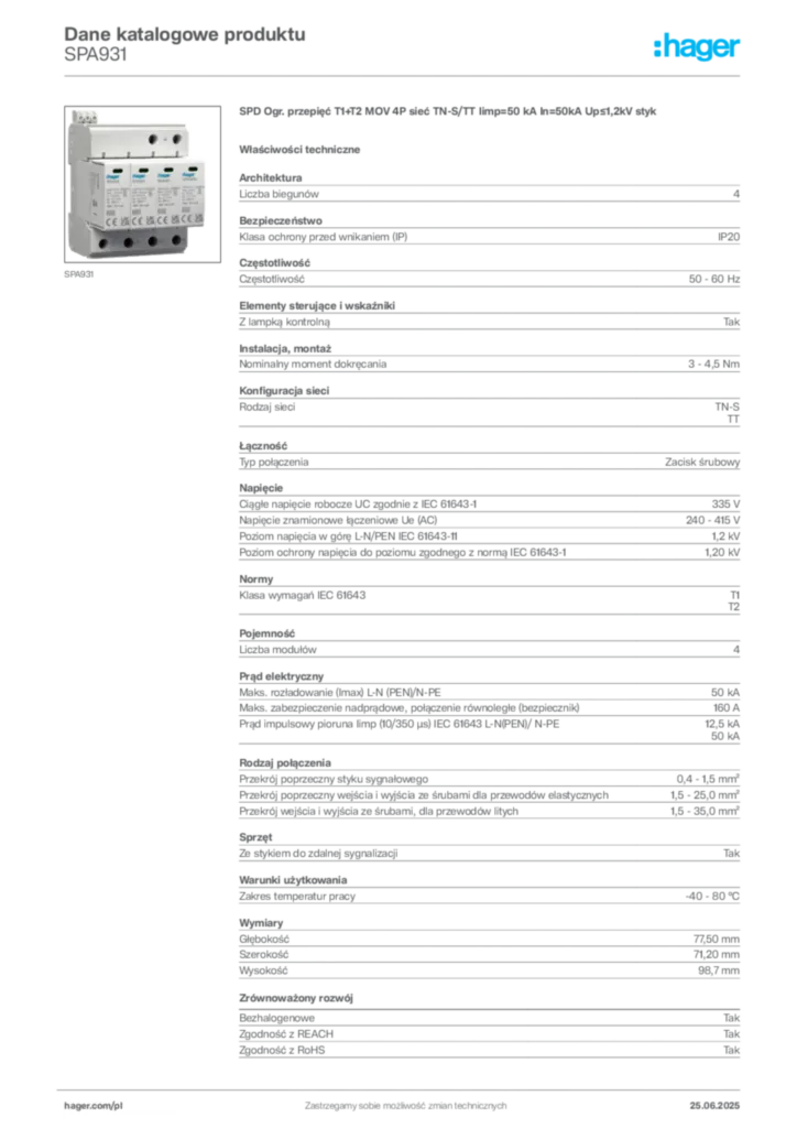 Zdjęcie Hager Karta katalogowa SPA931 | Hager Polska