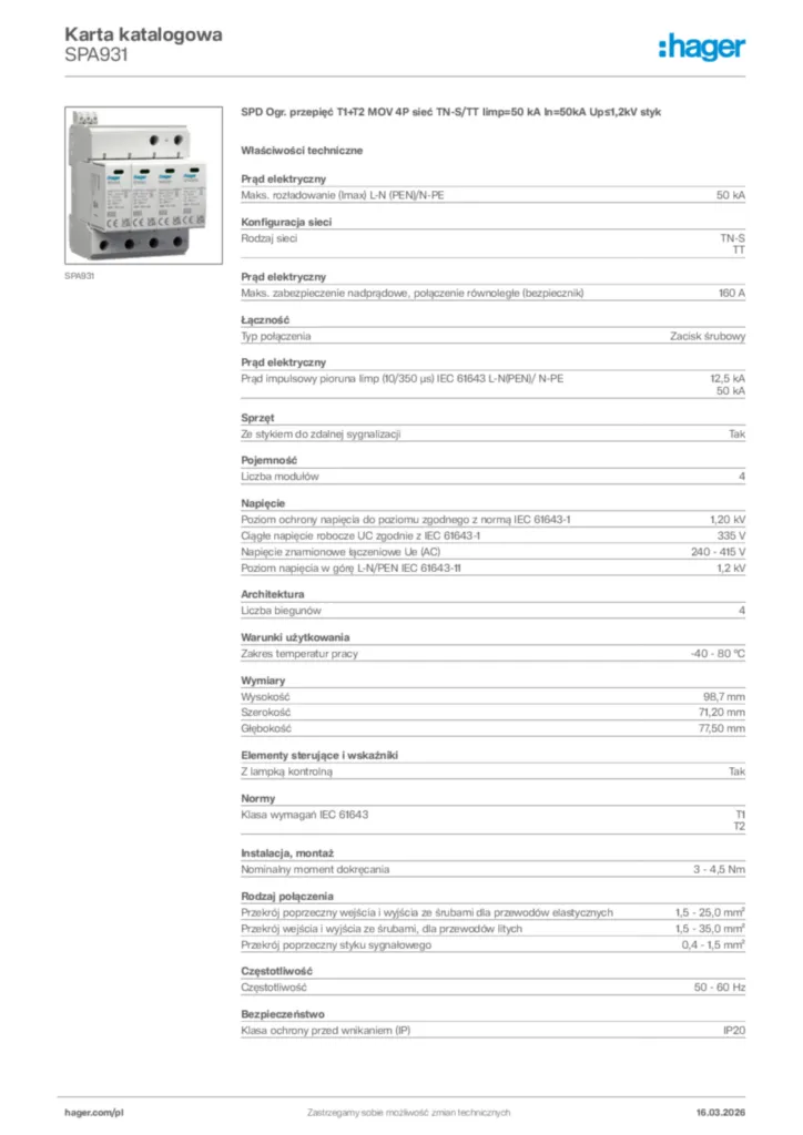 Zdjęcie Hager Karta katalogowa SPA931 | Hager Polska