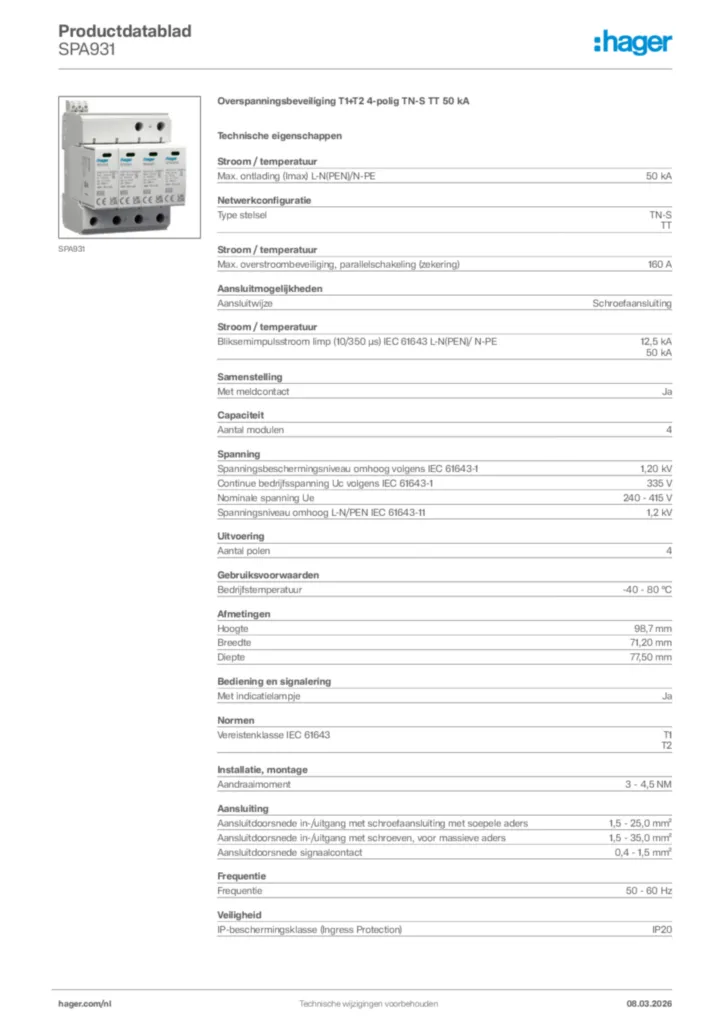 Afbeelding Hager Productdatablad SPA931 | Hager Nederland