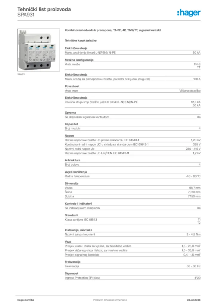 Slika Hager Tehnički list proizvoda SPA931  | Hager