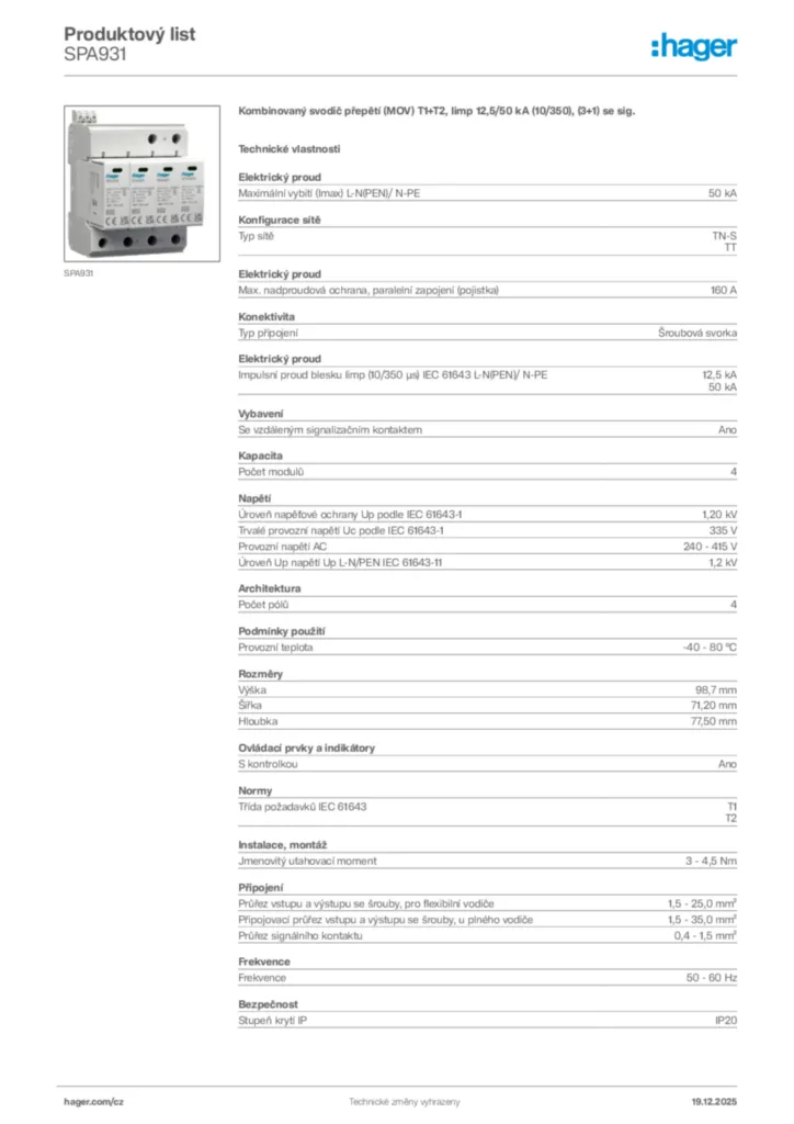 Obrázek Hager Produktový list SPA931 | Hager