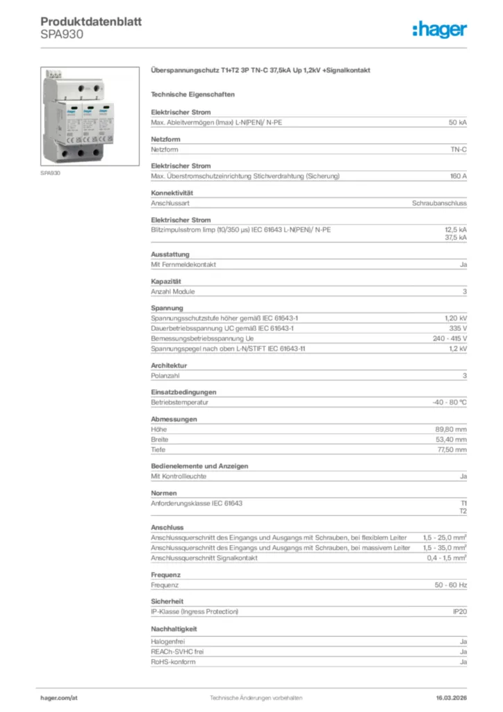 Bild Hager Produktdatenblatt SPA930 | Hager Deutschland