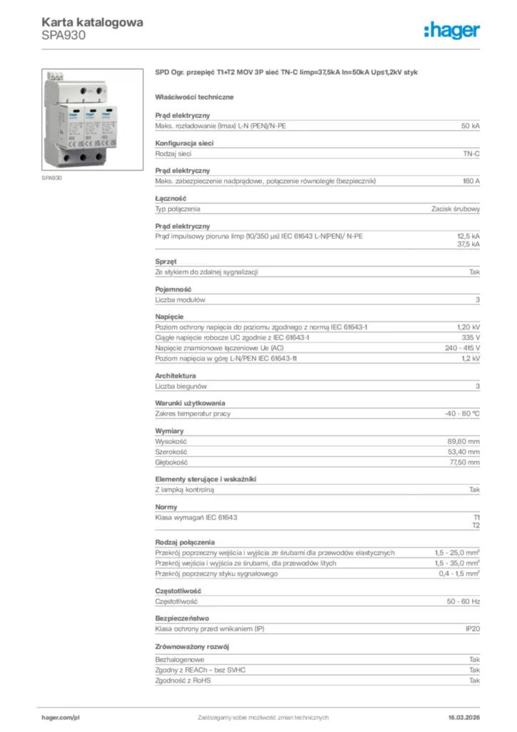 Zdjęcie Hager Karta katalogowa SPA930 | Hager Polska