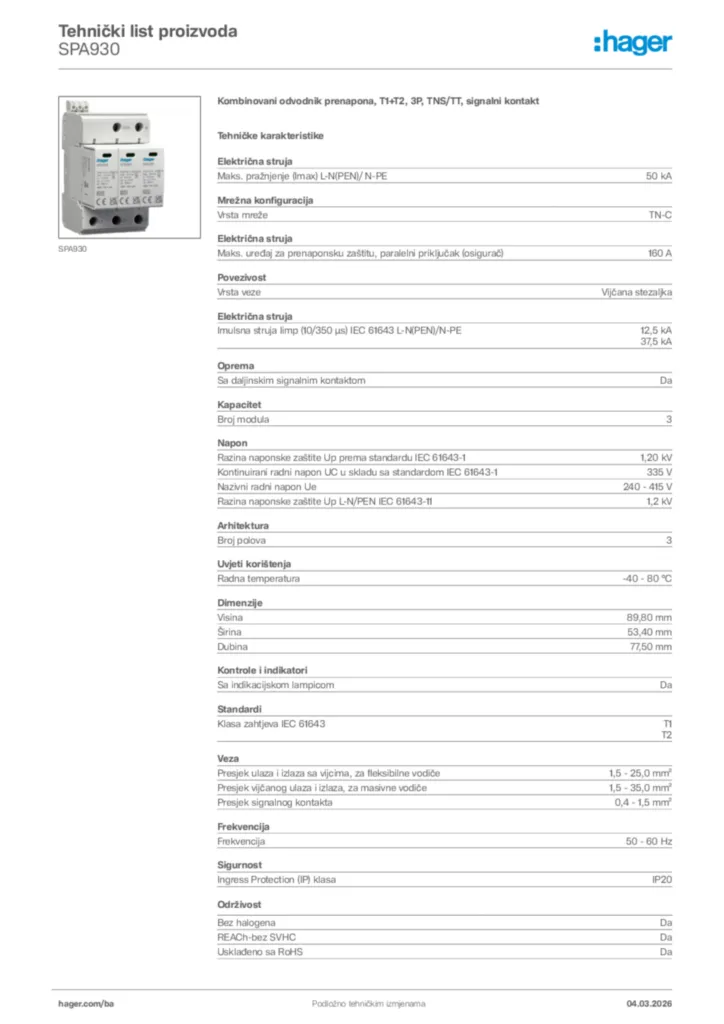 Slika Hager Tehnički list proizvoda SPA930  | Hager