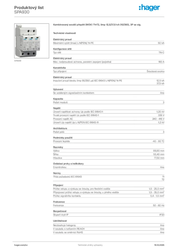 Obrázek Hager Produktový list SPA930 | Hager