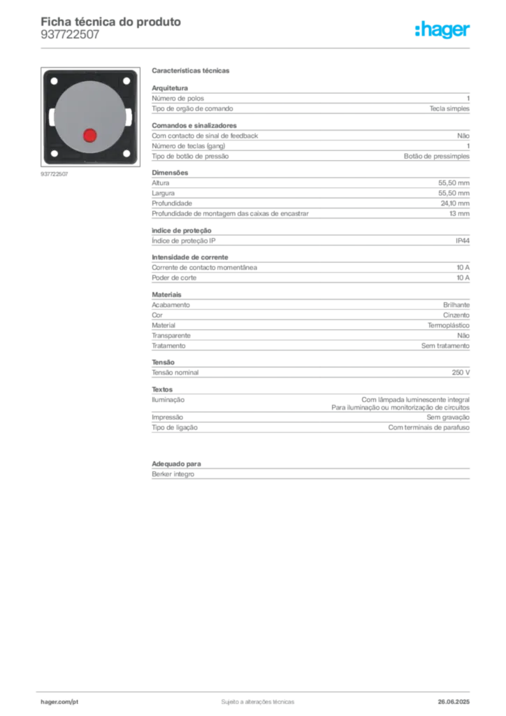 Imagem Hager Ficha técnica do produto 937722507 | Hager Portugal