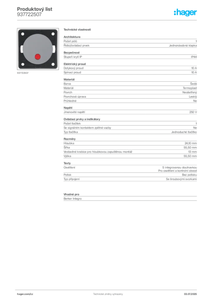 Obrázek Hager Produktový list 937722507 | Hager