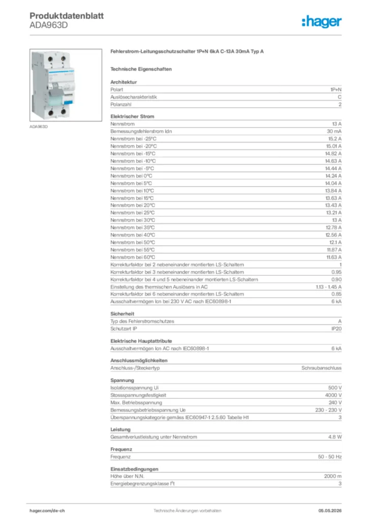 Bild Hager Produktdatenblatt ADA963D | Hager Schweiz