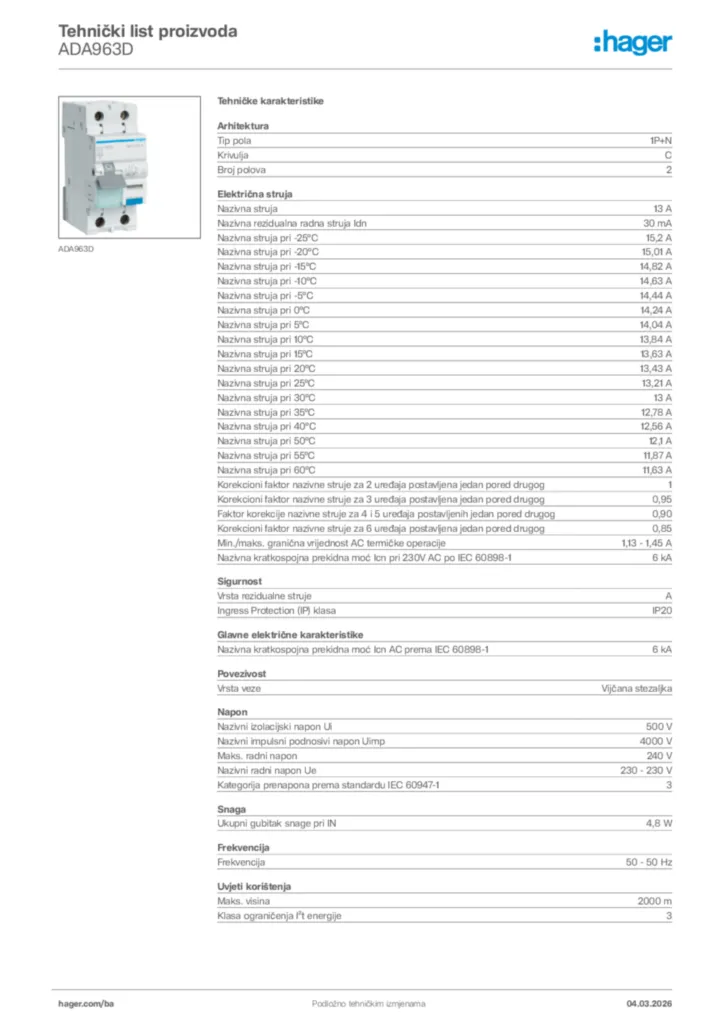 Slika Hager Tehnički list proizvoda ADA963D  | Hager