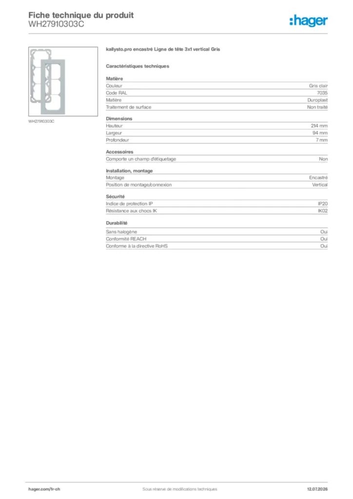 Image Hager Fiche technique du produit WH27910303C | Hager Suisse