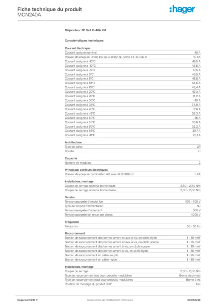 Image Hager Fiche technique du produit MCN240A | Hager Afrique
