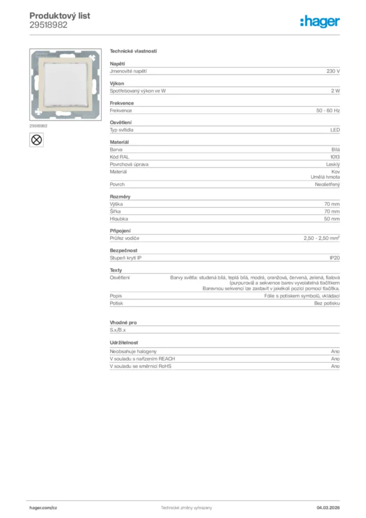 Obrázek Hager Product data sheet 29518982 | Hager