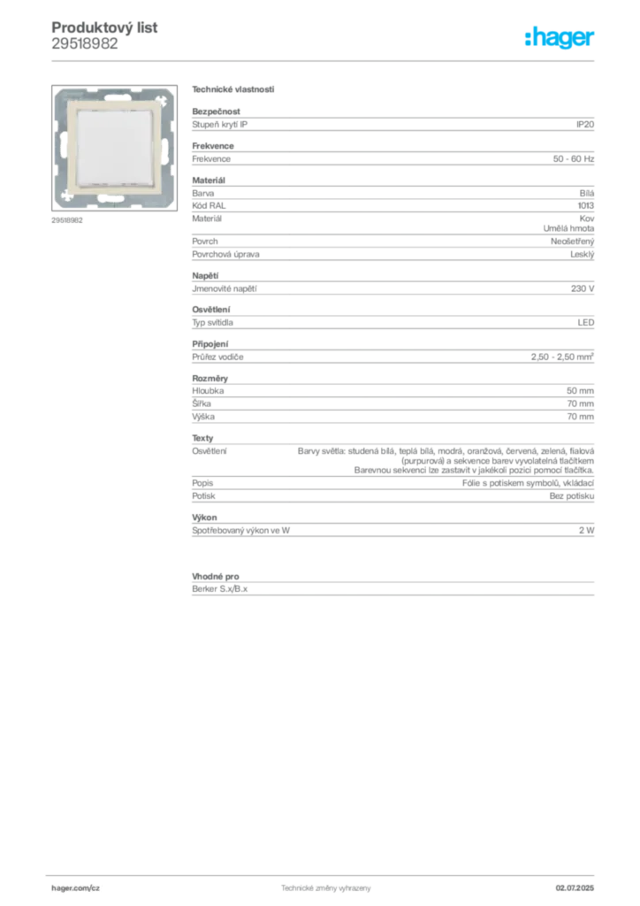 Obrázek Hager Produktový list 29518982 | Hager