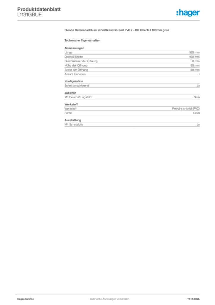 Bild Hager Produktdatenblatt L1131GRUE | Hager Deutschland