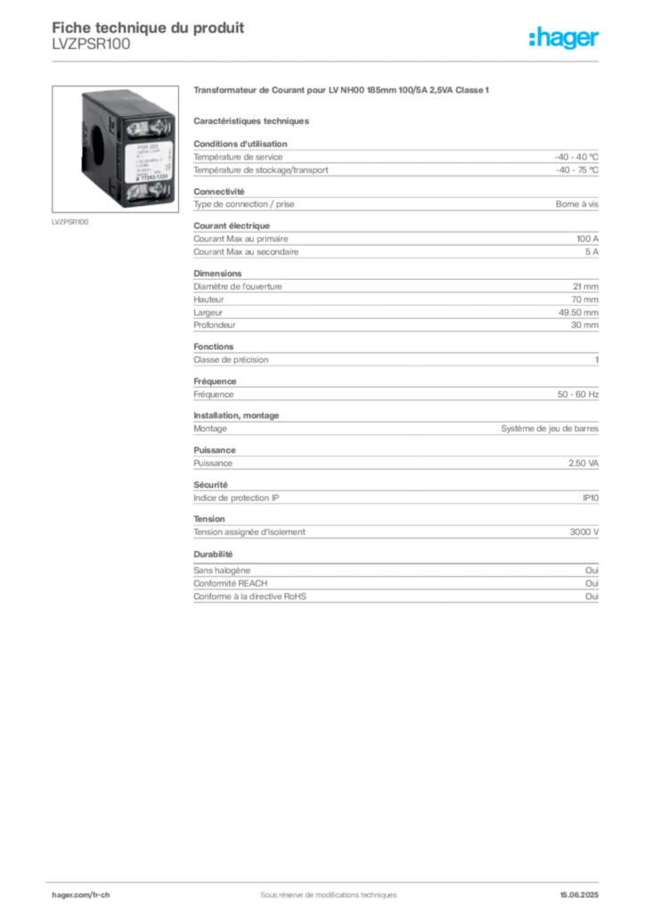 Image Hager Fiche technique du produit LVZPSR100 | Hager Suisse