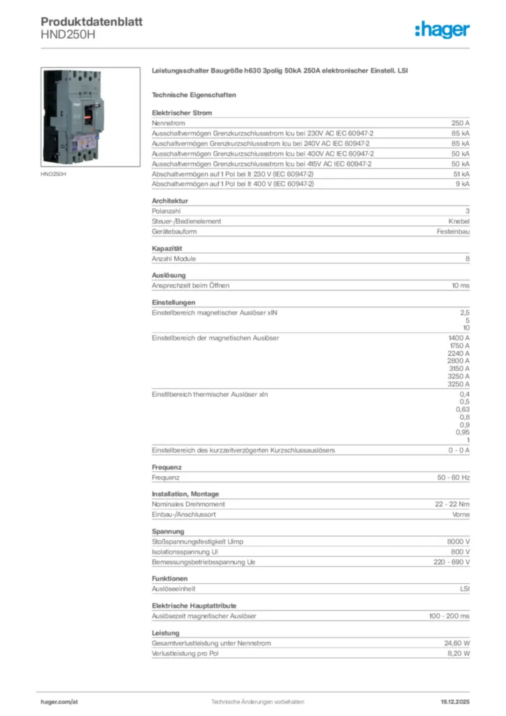 Bild Hager Produktdatenblatt HND250H | Hager Deutschland