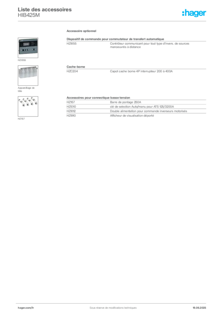 Image Hager Fiche technique du produit HIB425M | Hager France