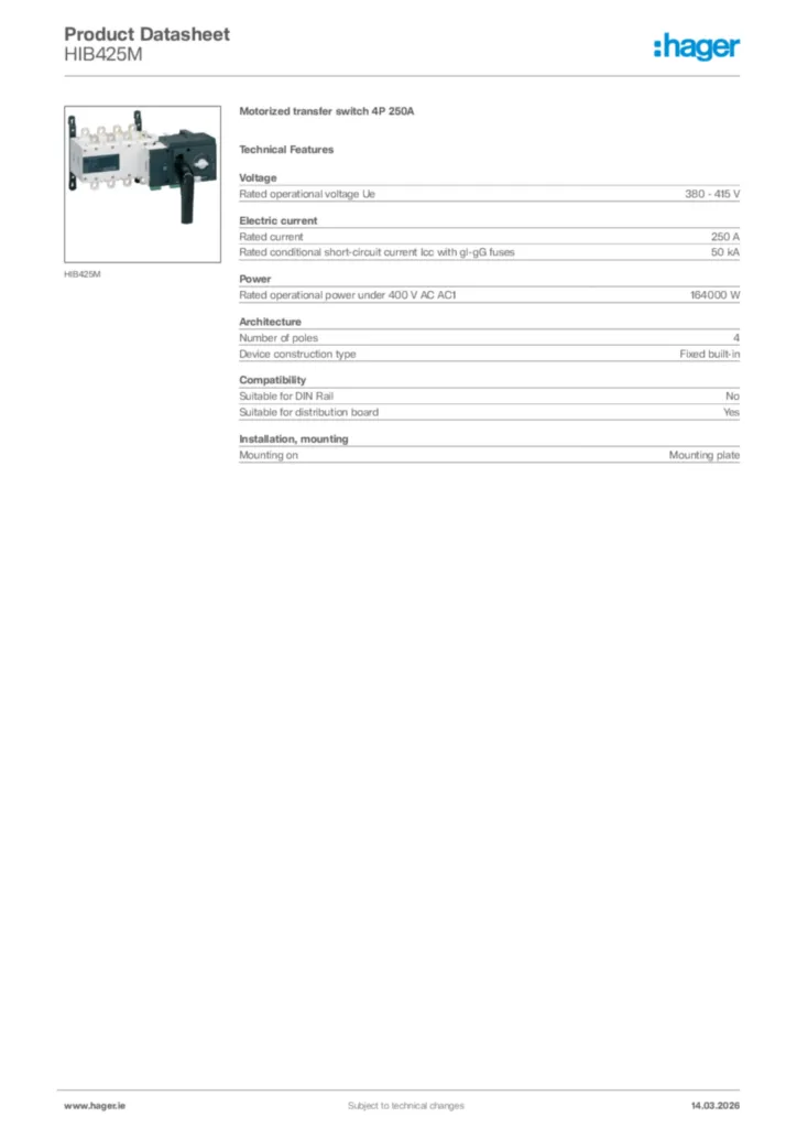 Image Hager Product data sheet HIB425M  | Hager