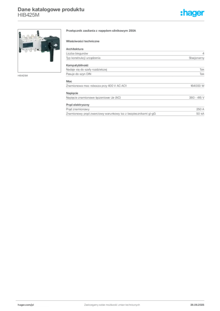 Zdjęcie Hager Karta katalogowa HIB425M | Hager Polska