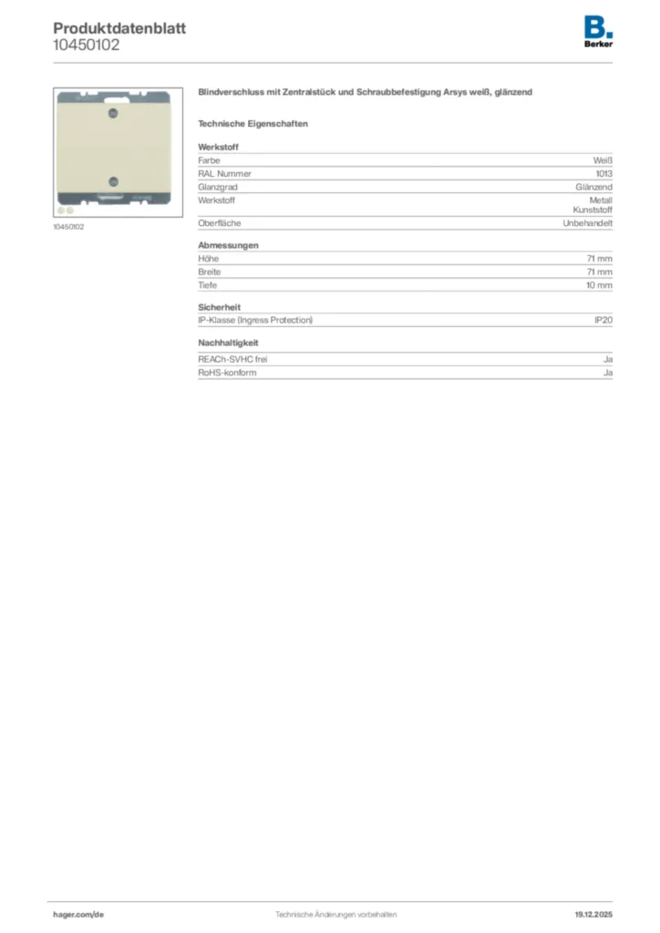 Bild Berker Produktdatenblatt 10450102 | Hager Deutschland