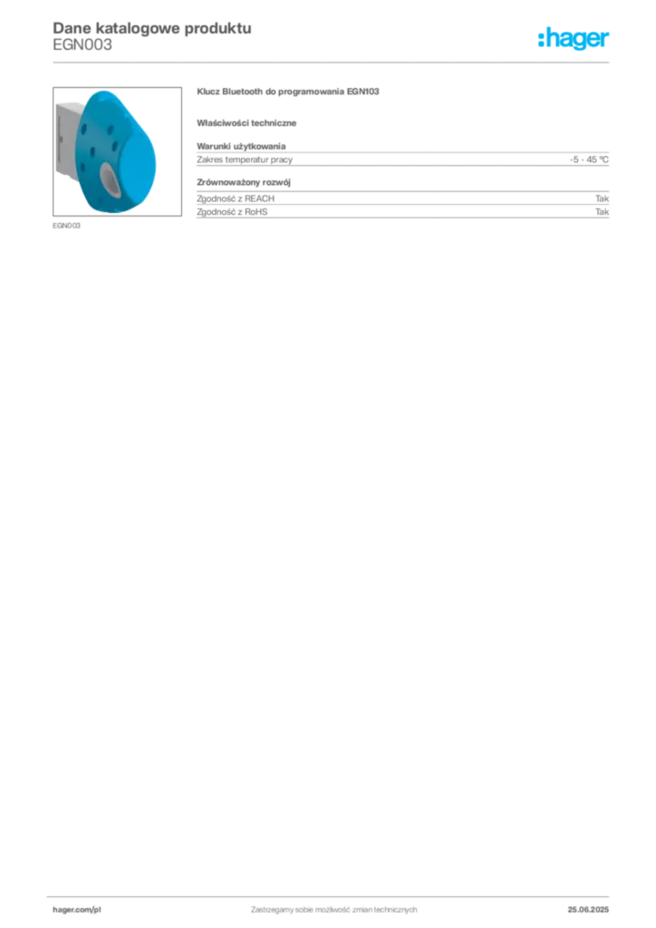 Zdjęcie Hager Karta katalogowa EGN003 | Hager Polska