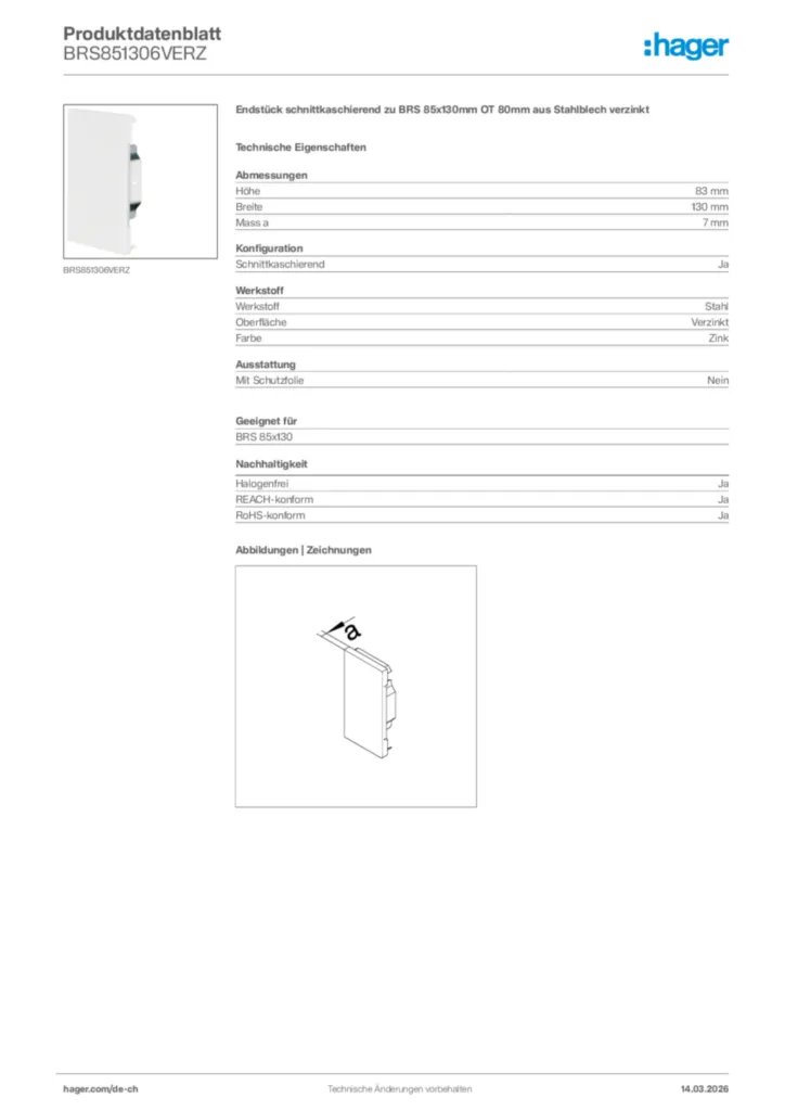 Bild Hager Produktdatenblatt BRS851306VERZ | Hager Schweiz