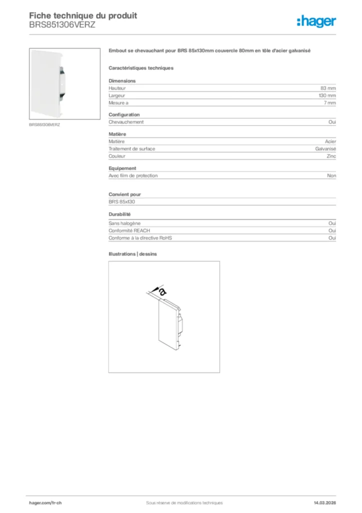 Image Hager Fiche technique du produit BRS851306VERZ | Hager Suisse