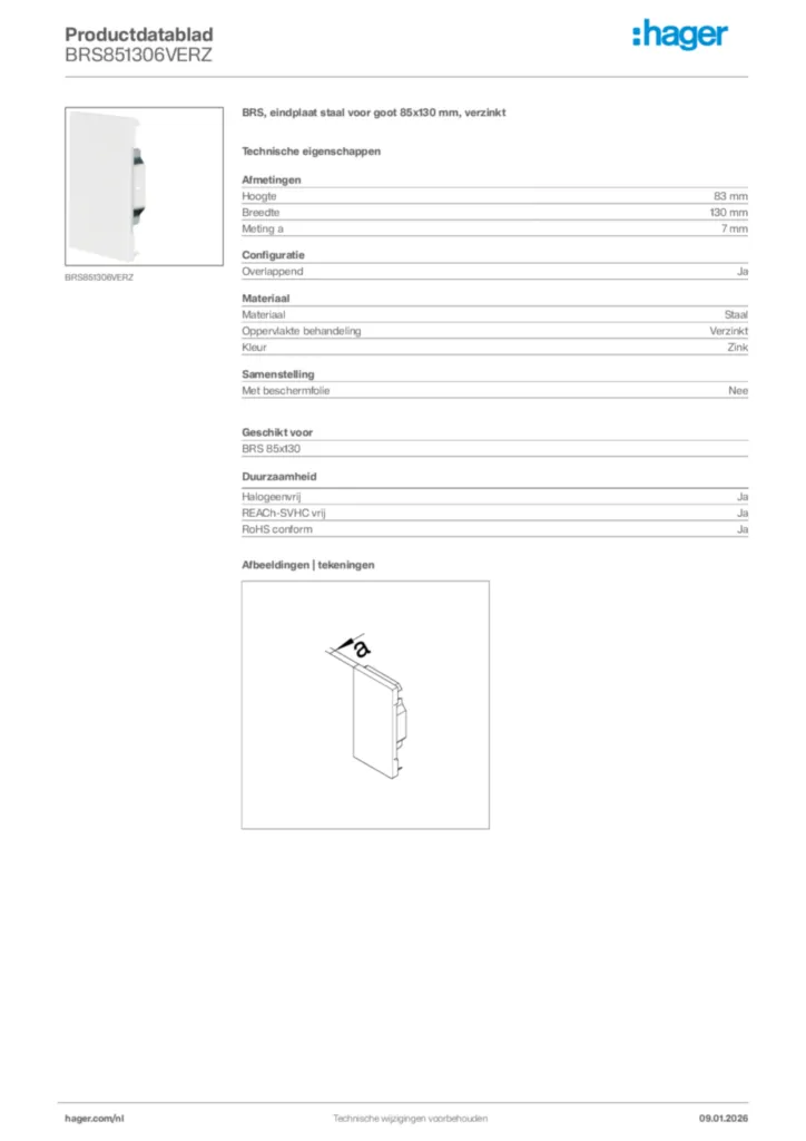 Afbeelding Hager Productdatablad BRS851306VERZ | Hager Nederland